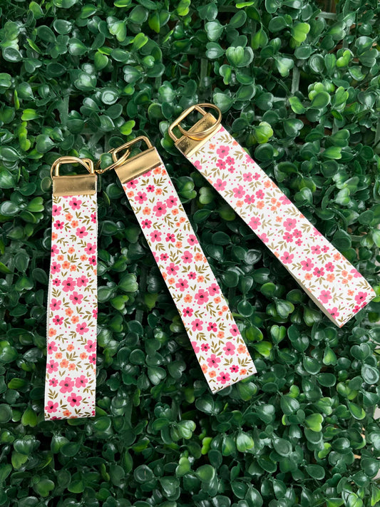 Floral pink orange and green wristlet keyring car key keychain.