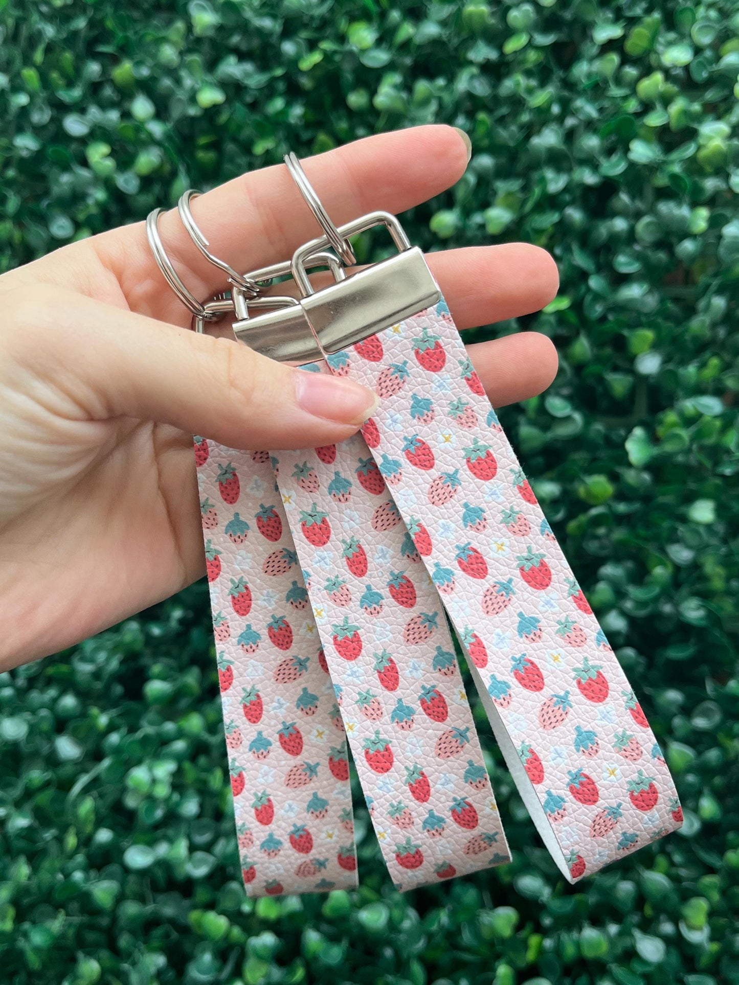 cute pink and red strawberry illustration faux leather wristlet car key keyring.